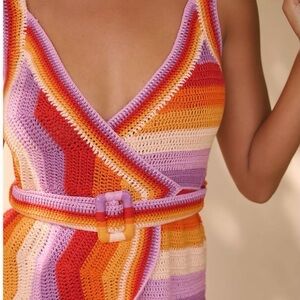 FARM Rio Striped Crochet Mini Dress in Purple, Red, Orange, Yellow, Cream